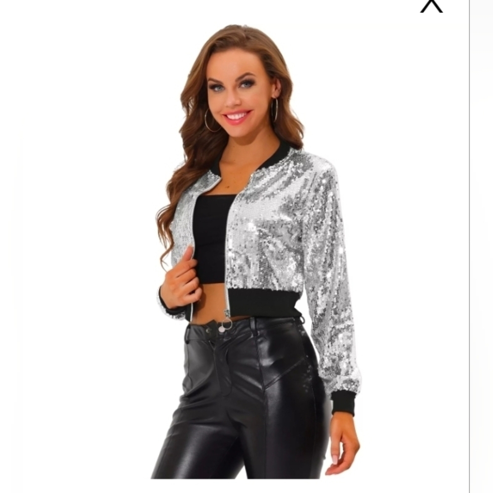 Allegra K Women's Sequin Sparkle Zipper Cropped Bomber Jacket